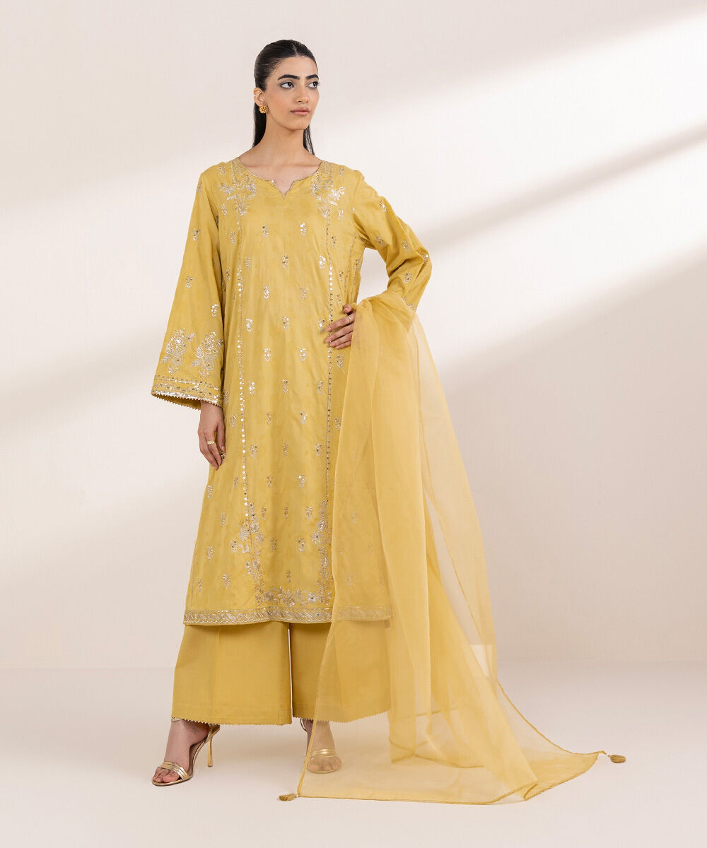 Women's RTW Cotton Jacquard Yellow Embroidered A-Line Shirt