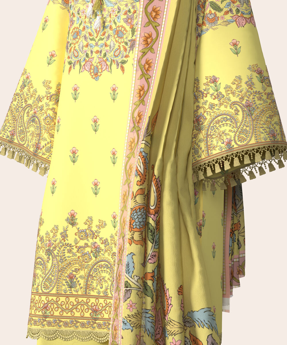 Women's Unstitched Lawn Yellow  Embroidered 3 Piece Suit