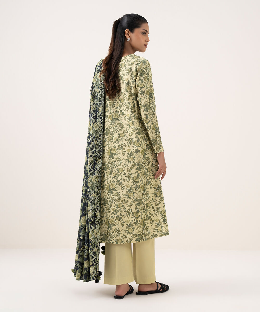 Women's Unstitched Cotton Printed Yellow Three Piece Suit