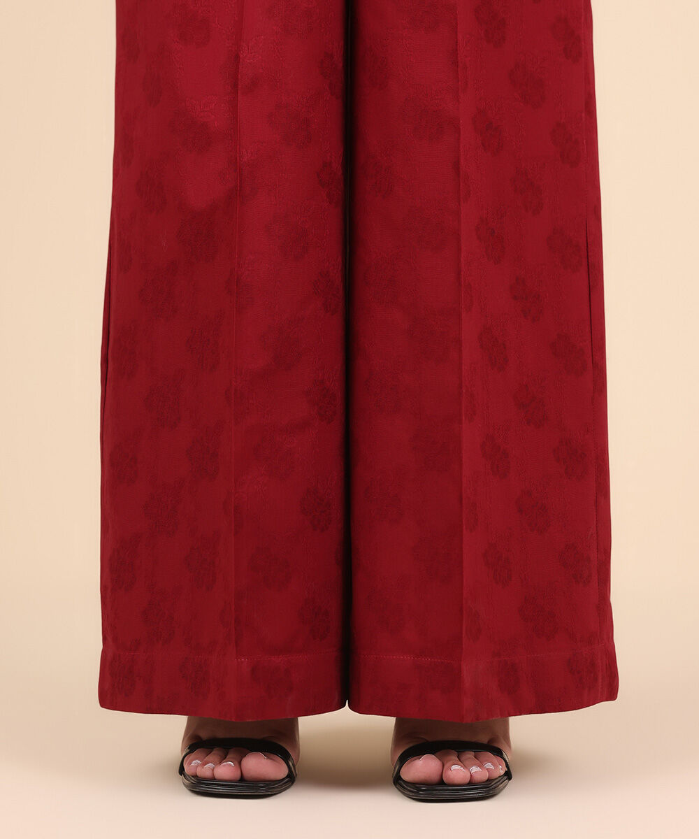 Women's Pret Yarn Dyed Red Solid Flared Pants