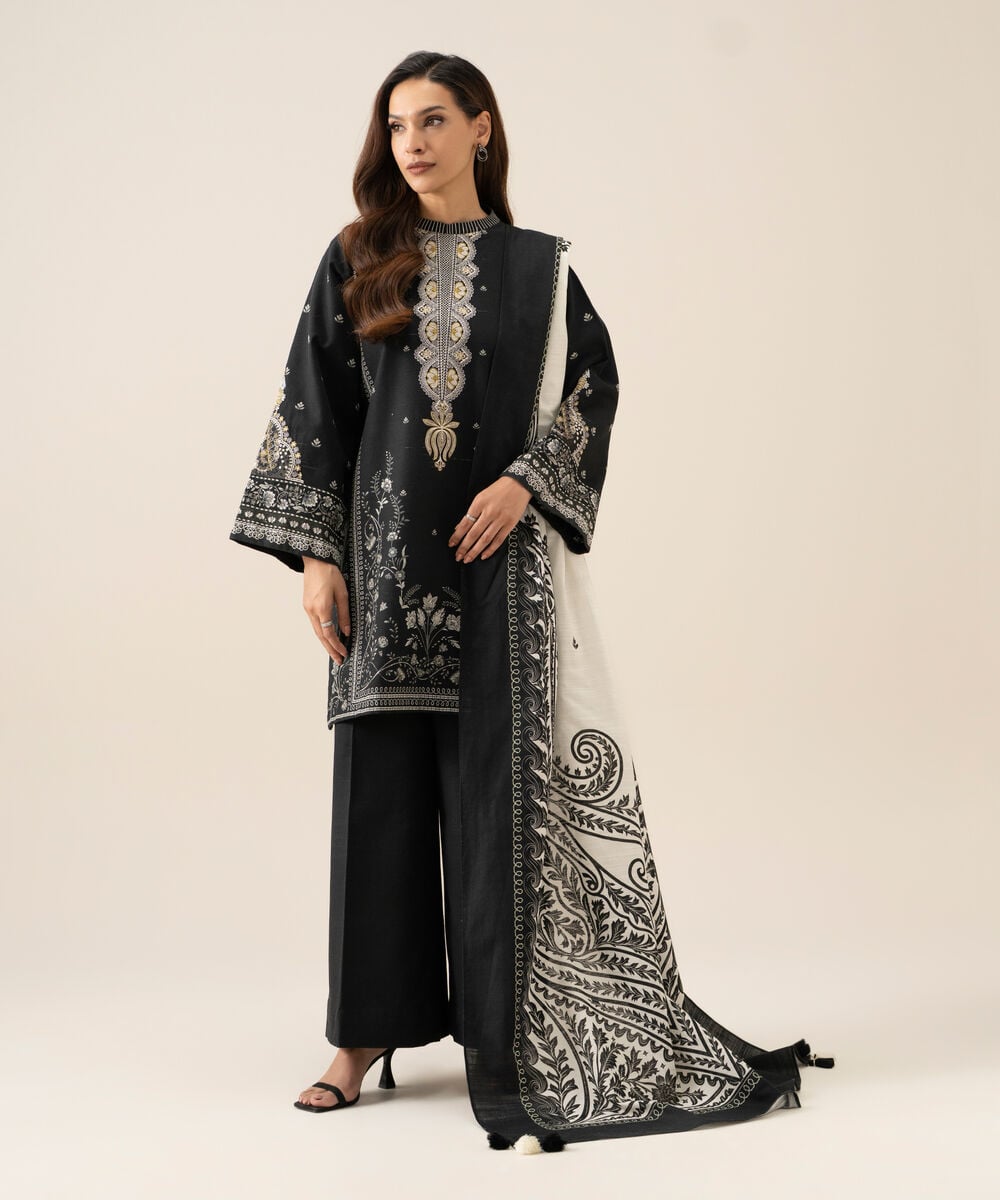 Women's Unstitched Light Khaddar Printed Black 3 Piece Suit