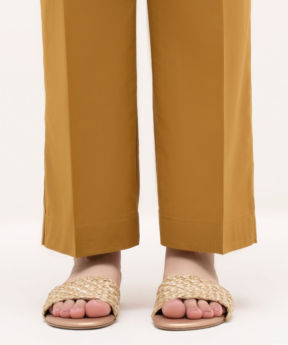 Women's RTW Cambric Brown Solid Straight Pants