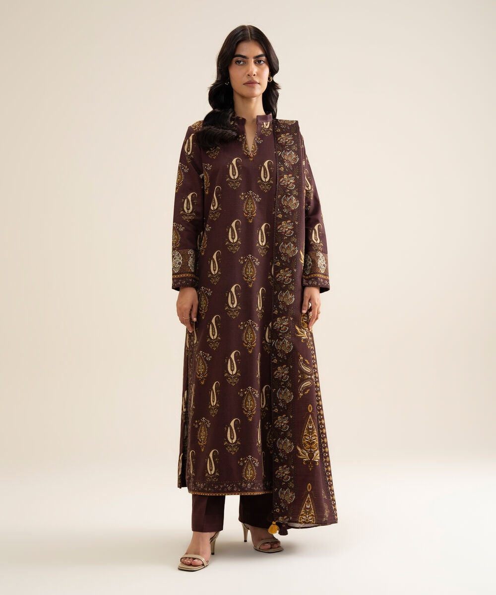 Women's Unstitched Light Khaddar Printed Brown 3 Piece Suit