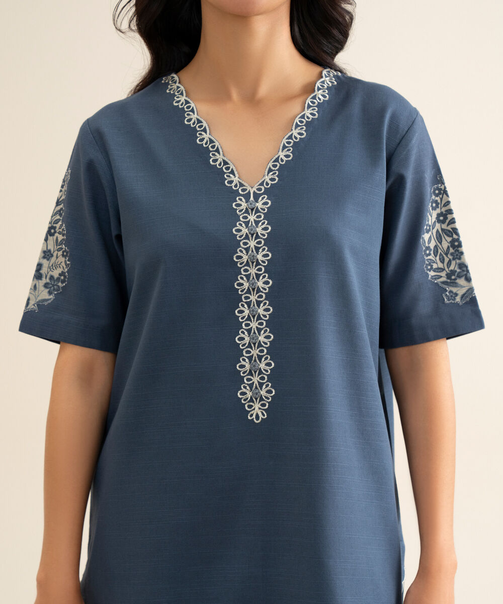 Women's Unstitched Light Khaddar Embroidered Blue 2 Piece Suit