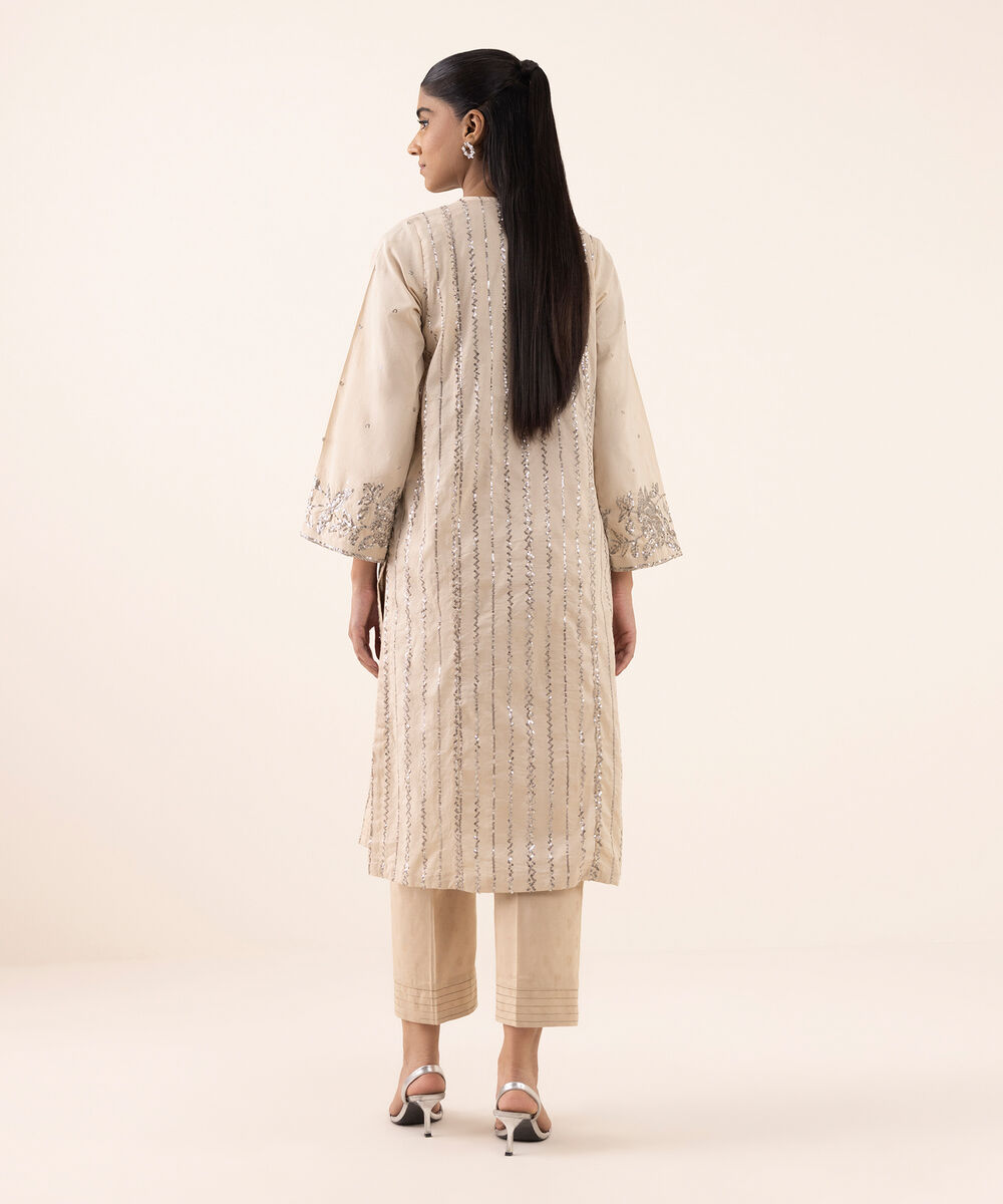 Women's RTW Cotton Jacquard Beige Embroidered A-Line Shirt