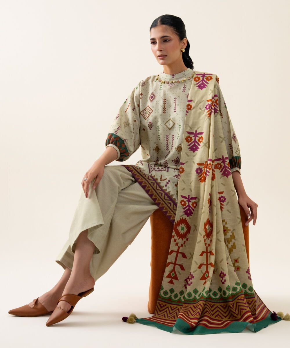 Womens Unstitched Premium Khaddar Printed Beige 3 Piece Suit