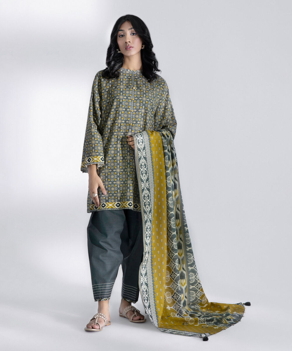 Womens Unstitched Daily Green Three Piece