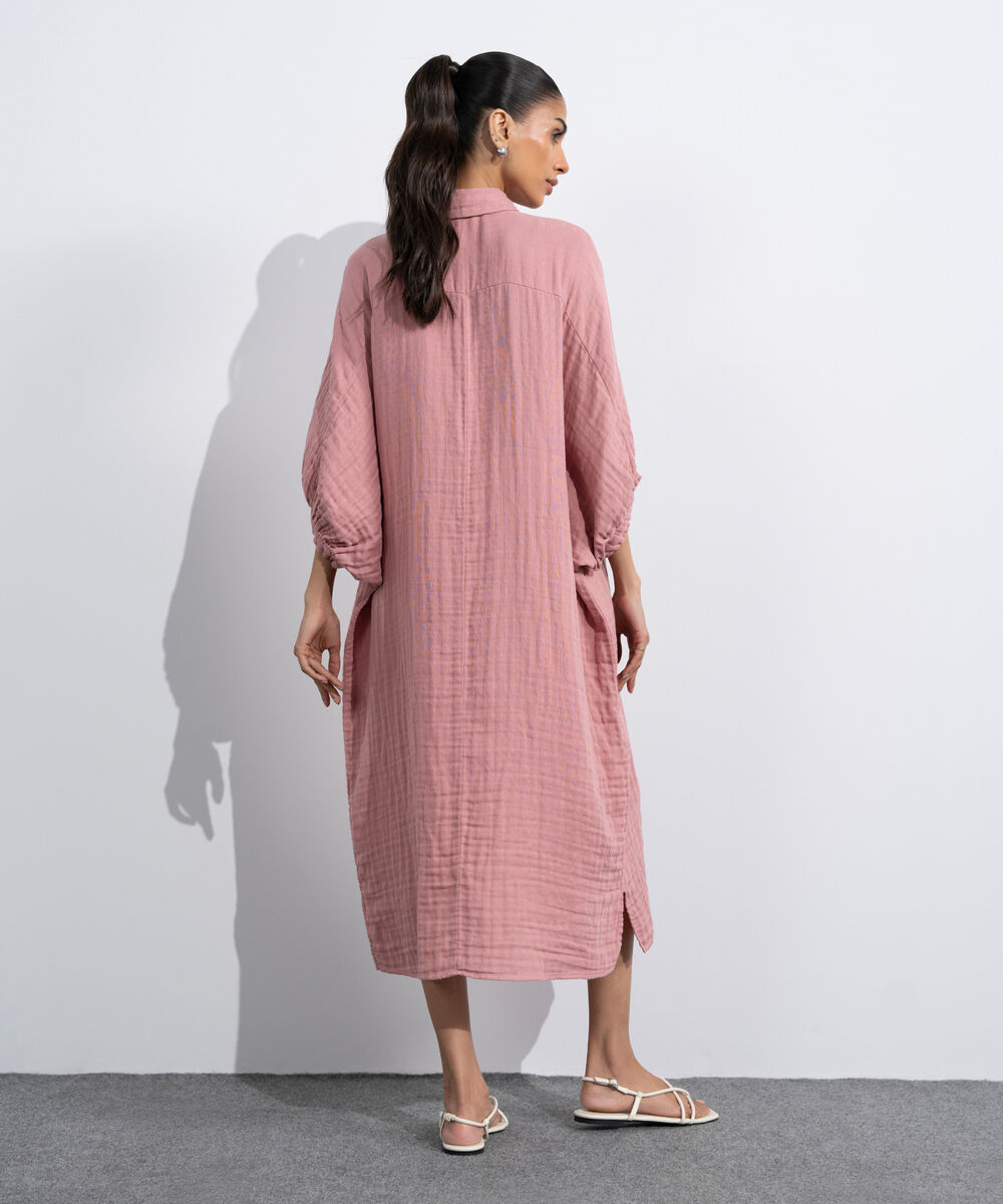 Women's Western Tea-Pink Batwing Sleeve Cotton Muslin Dress