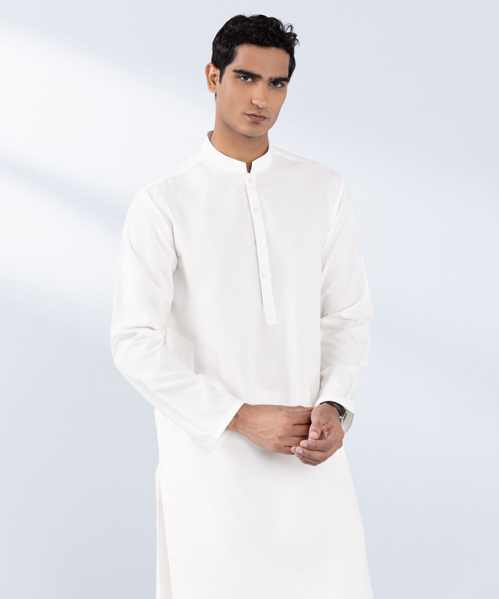 Men's Stitched Embroidered White Wash & Wear Kurta