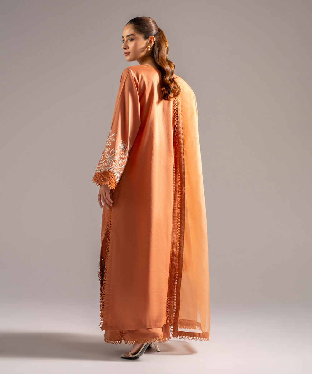 Women's RTW Cotton Satin Embroidered Muted Orange 3 Piece Suit