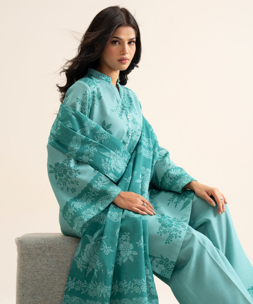 Women's Unstitched Light Khaddar Printed Blue 3 Piece Suit