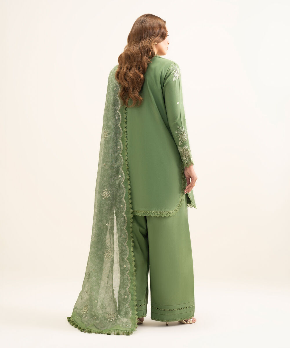 Women's Unstitched Fine Cotton Satin Embroidered Green 3 Piece Suit