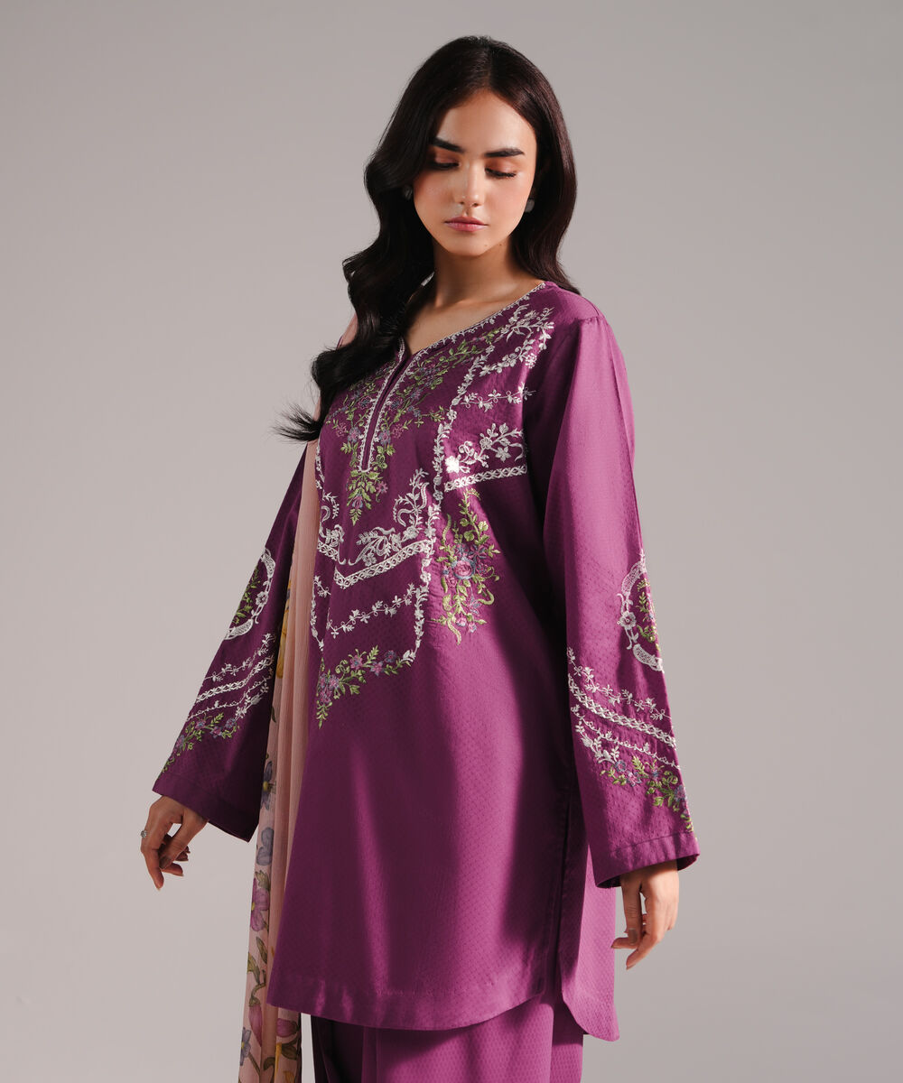 Women's RTW Dobby Embroidered Purple 3 Piece Suit