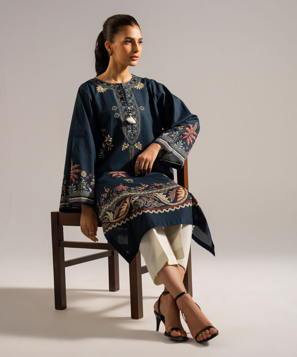 Women's RTW Lawn Printed Blue Straight Shirt