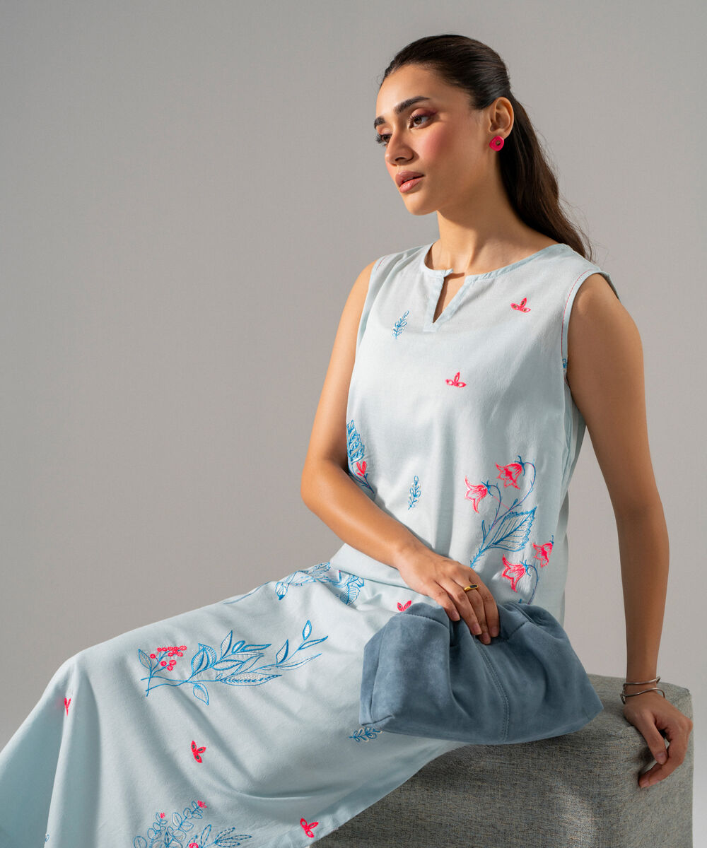 Women's RTW Dobby Solid Embroidered Blue 2 Piece Suit