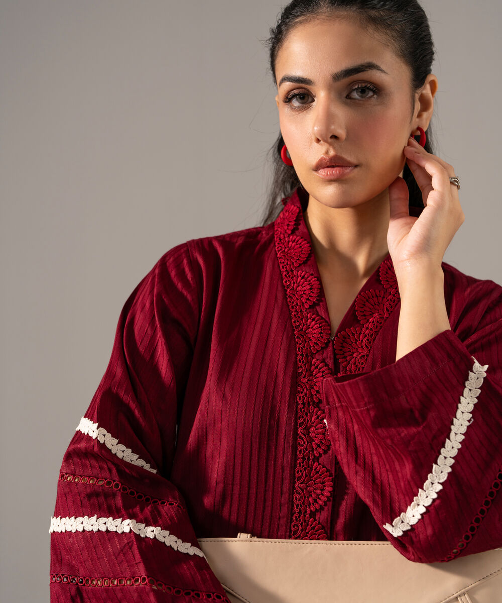 Women's RTW Dobby Strip Solid Maroon 2 Piece Suit