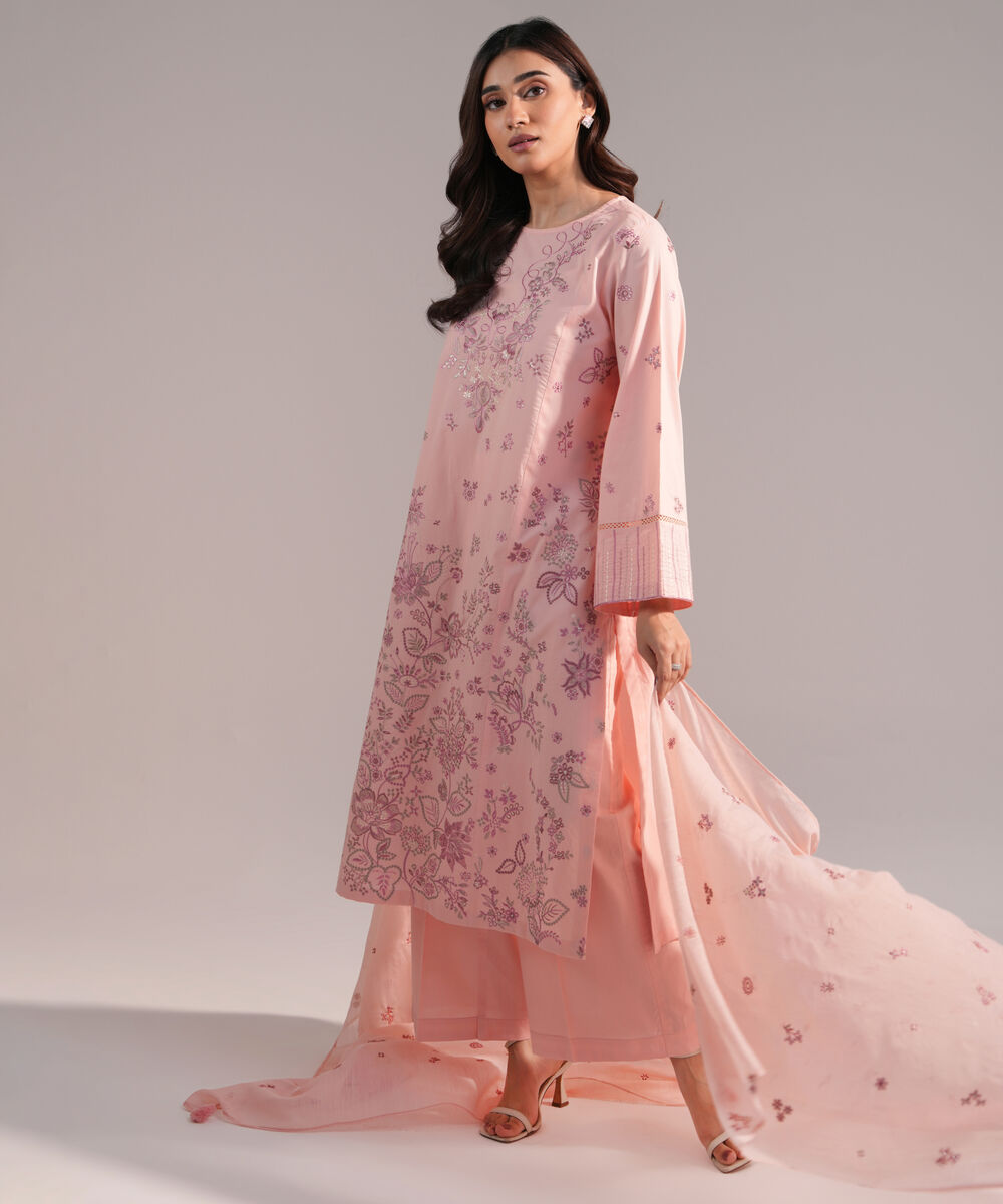 Women's RTW Cambric Embroidered Pink 3 Piece Suit