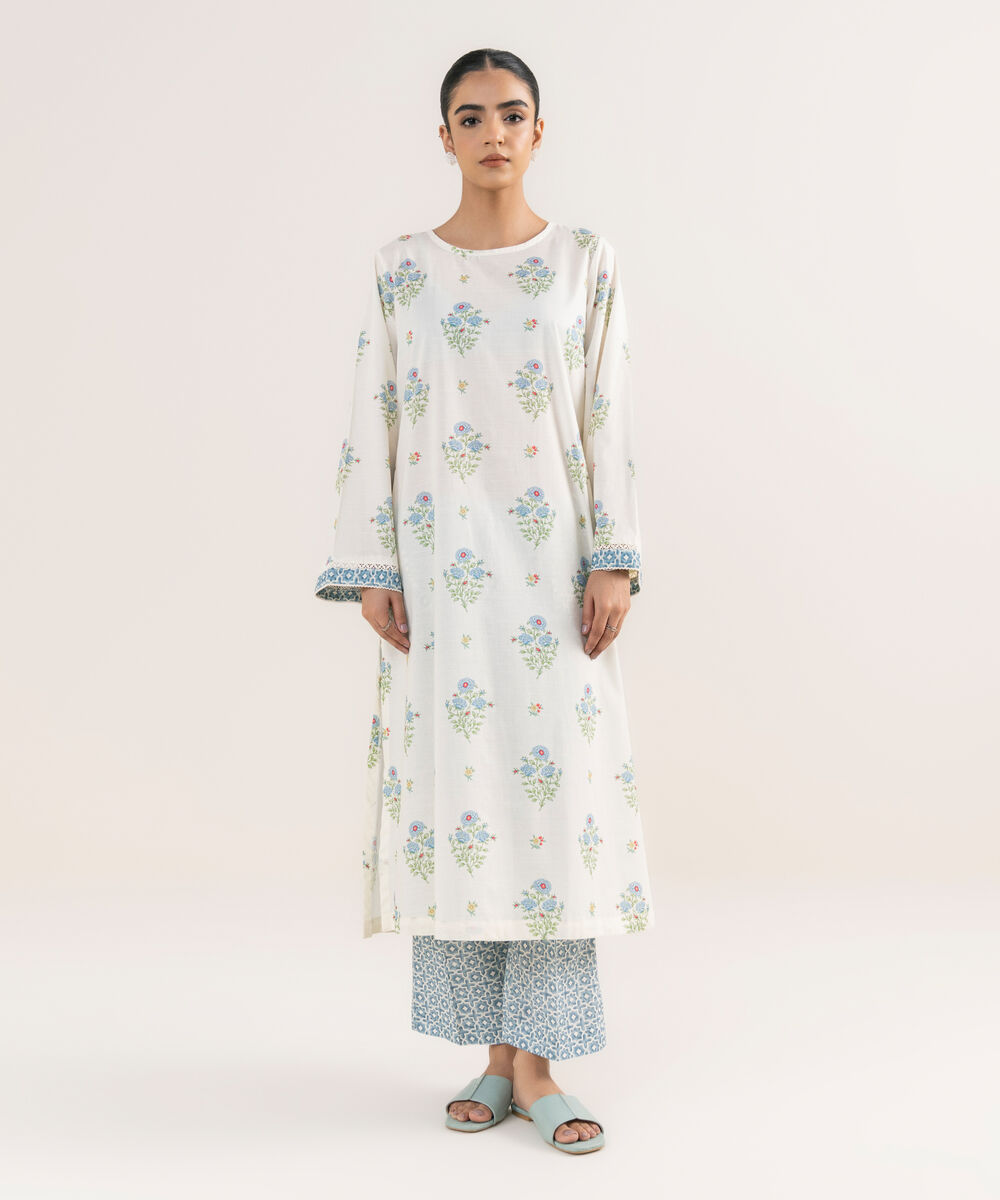 Women's RTW Textured Lawn Off White Printed A-Line Shirt