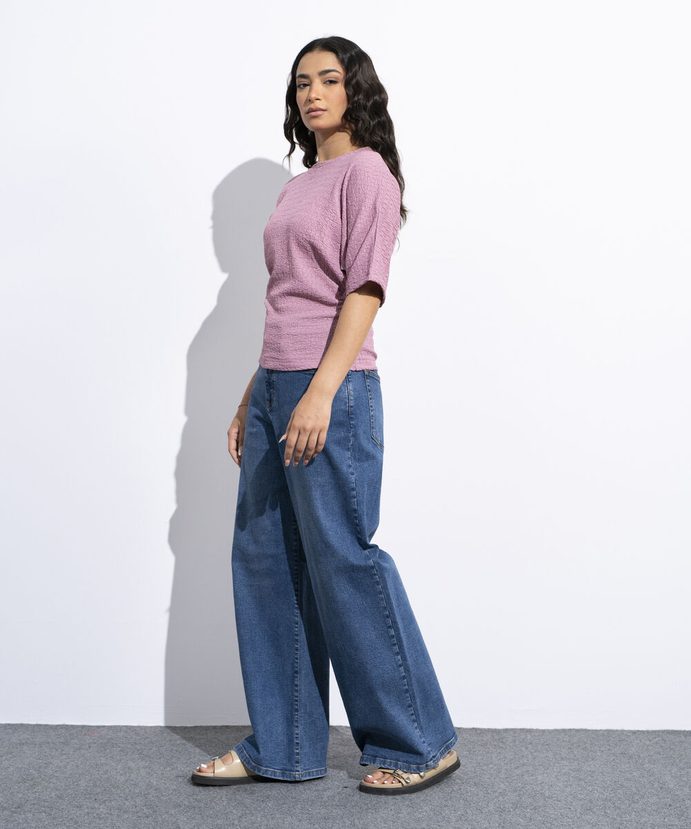 Women's Pink Cinched Waist Textured T-Shirt