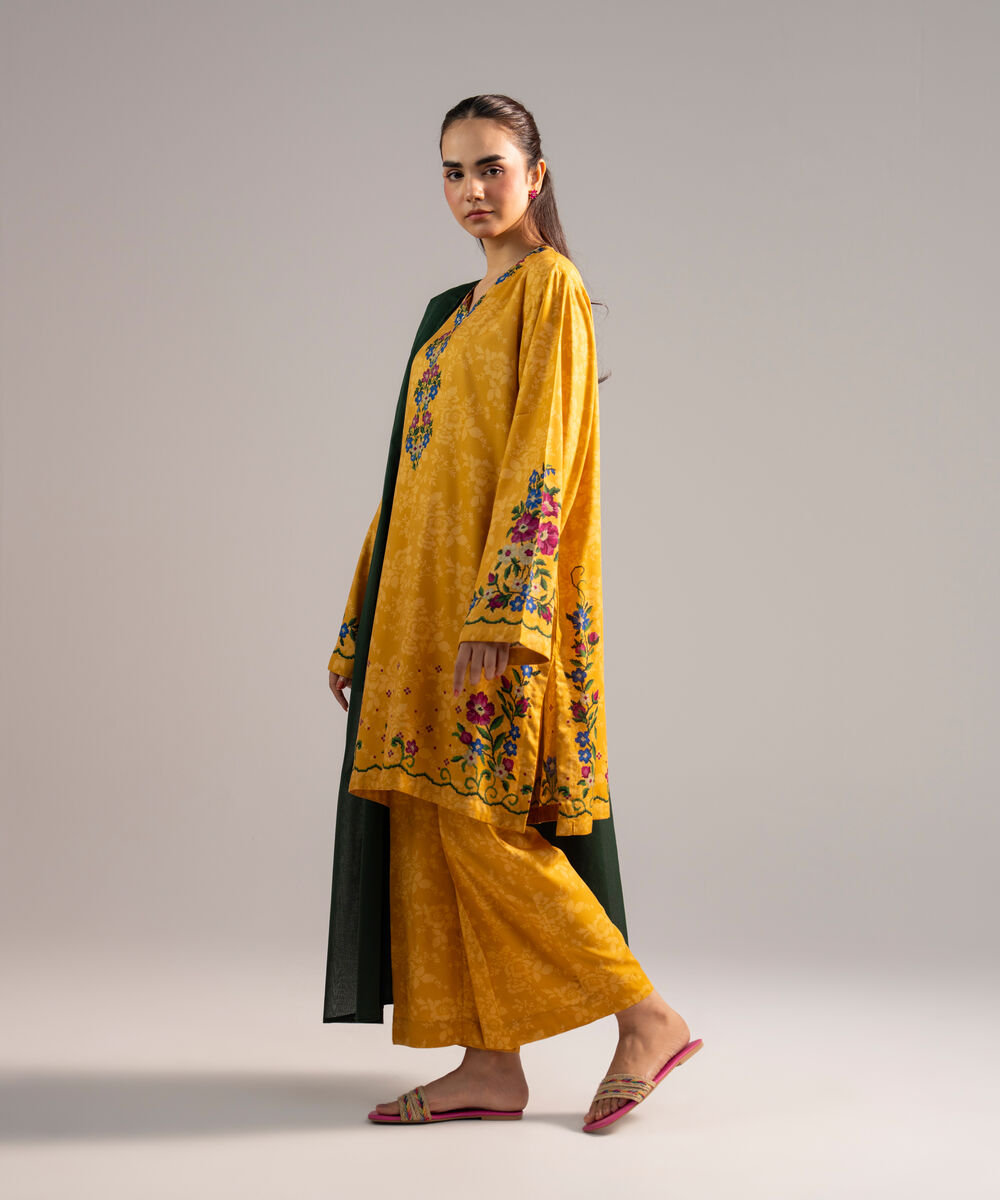 Women's RTW Arabic Lawn Printed Mustard Yellow 3 Piece Suit