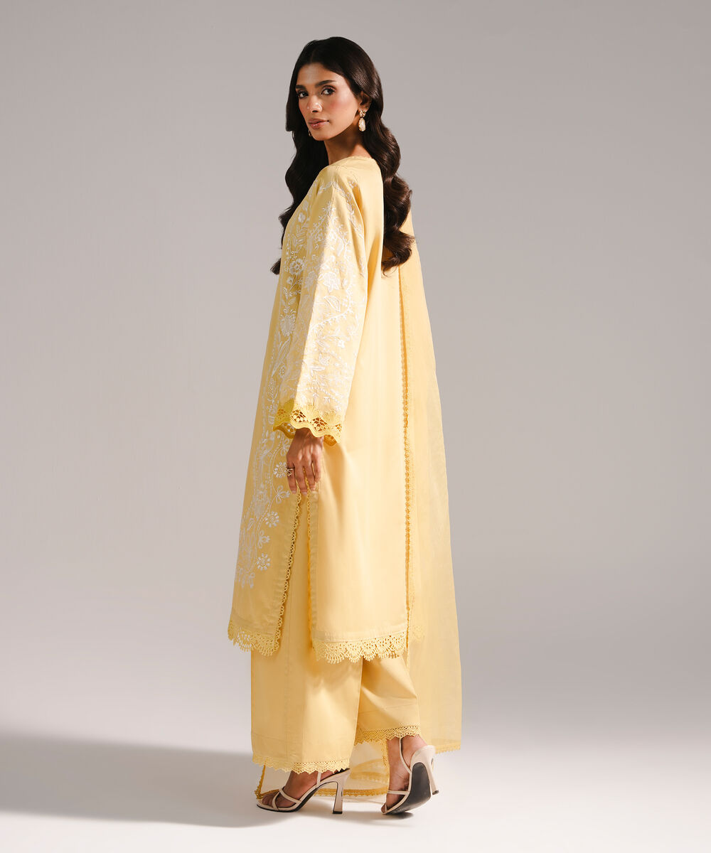Women's RTW Cotton Satin Embroidered Pale Yellow 3 Piece Suit
