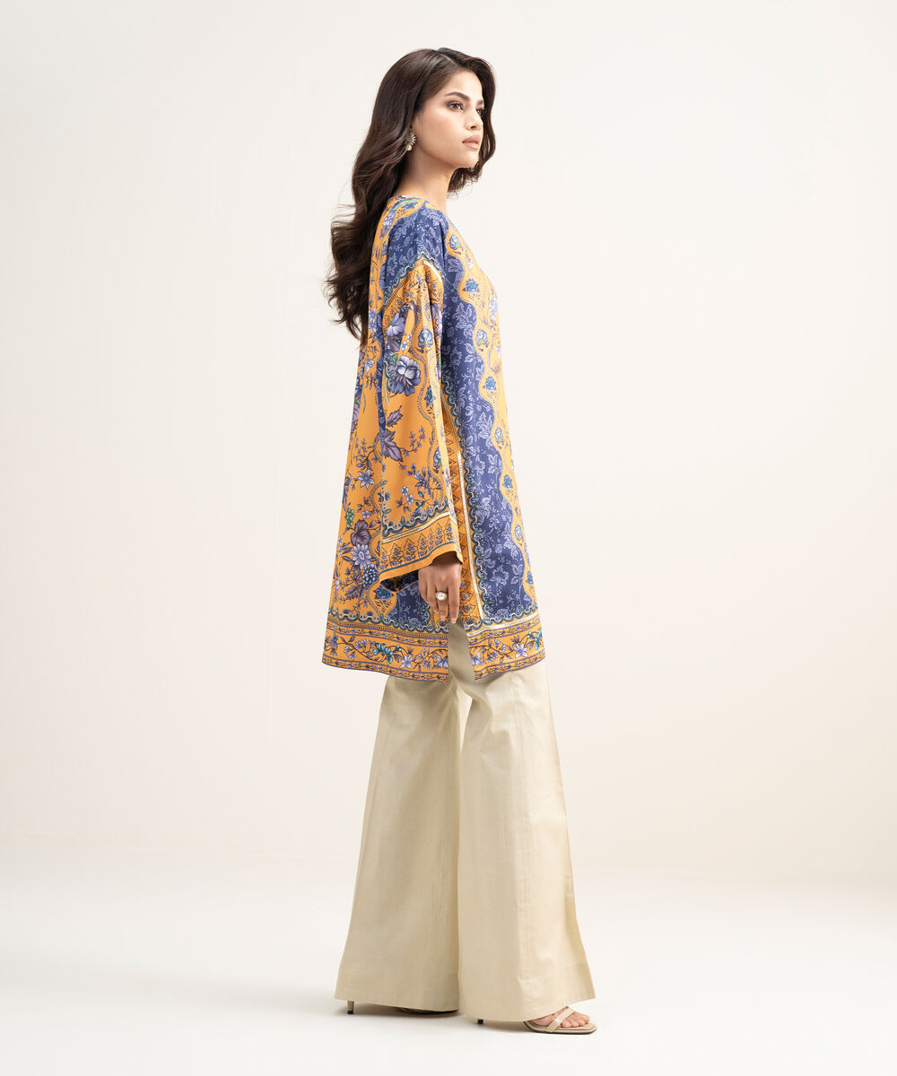 Women's RTW Premium Visocose Satin Printed Orange Drop Shoulder Shirt