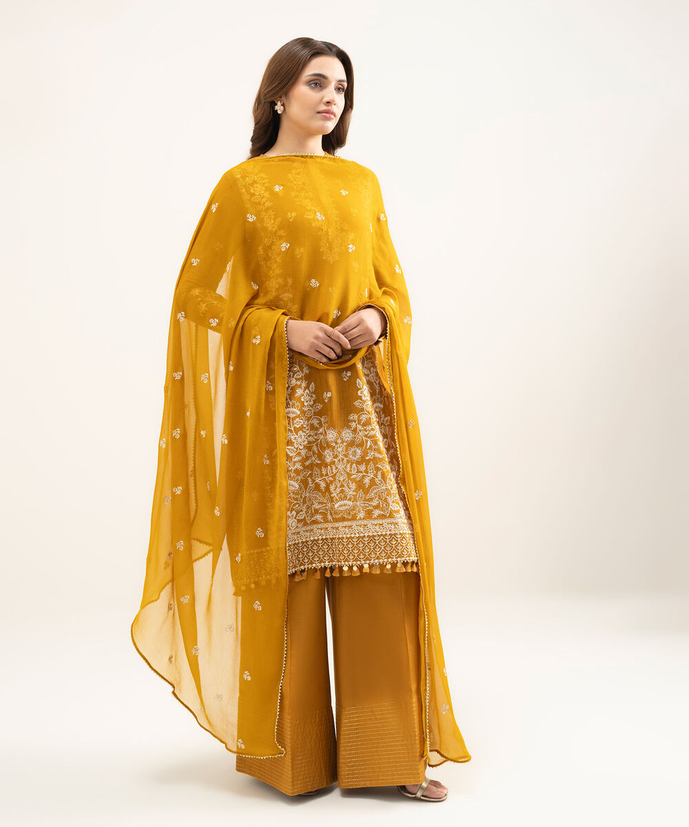 Women's Unstitched Raw Silk Embroidered Orange 3 Piece Suit