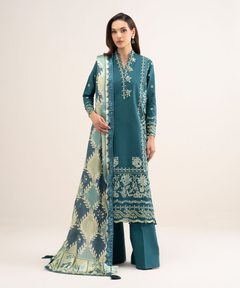 Women's Unstitched Textured Lawn Embroidered Green 3 Piece Suit