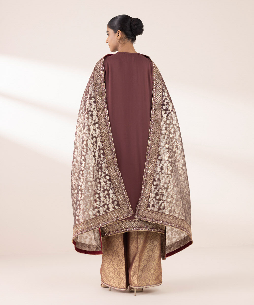 Women's RTW Georgette Chiffon Brown Embroidered Three Piece Suit