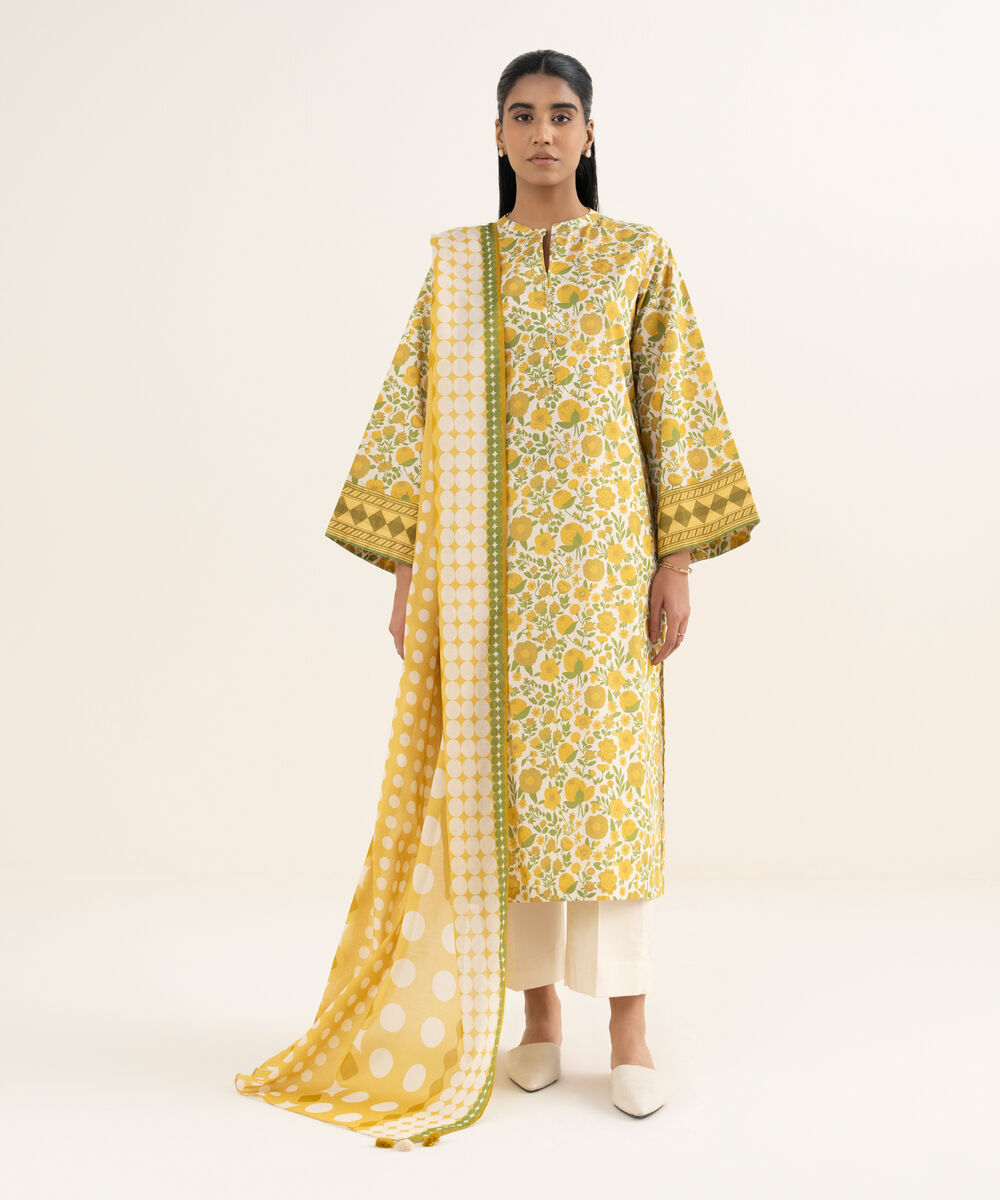 Women's Unstitched Lawn Printed Yellow 3 Piece Suit