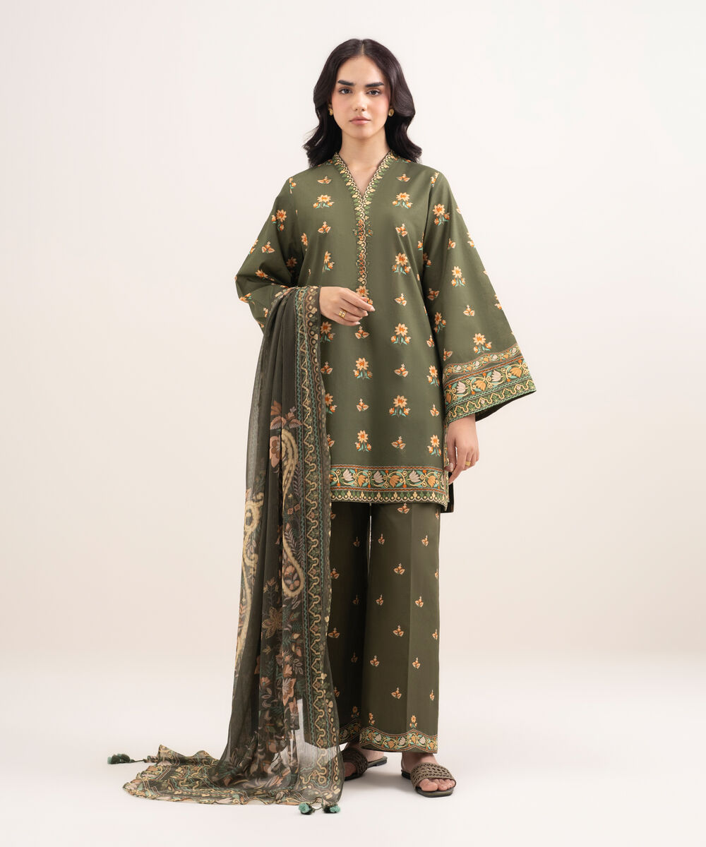 Women's Unstitched Lawn Printed Green 3 Piece Suit