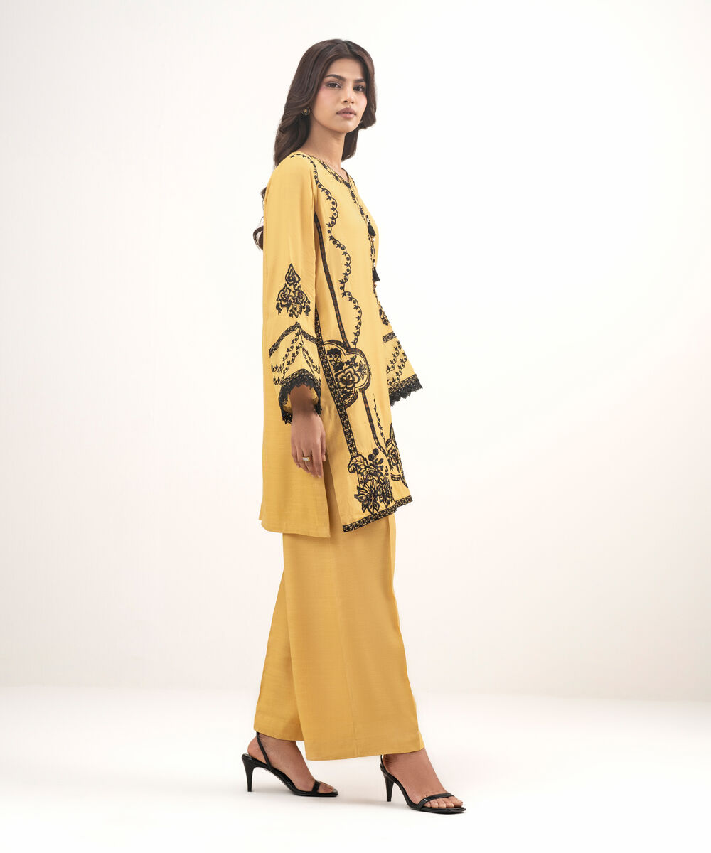 Women's RTW Viscose Raw Silk Embroidered Mustard 2 Piece Suit