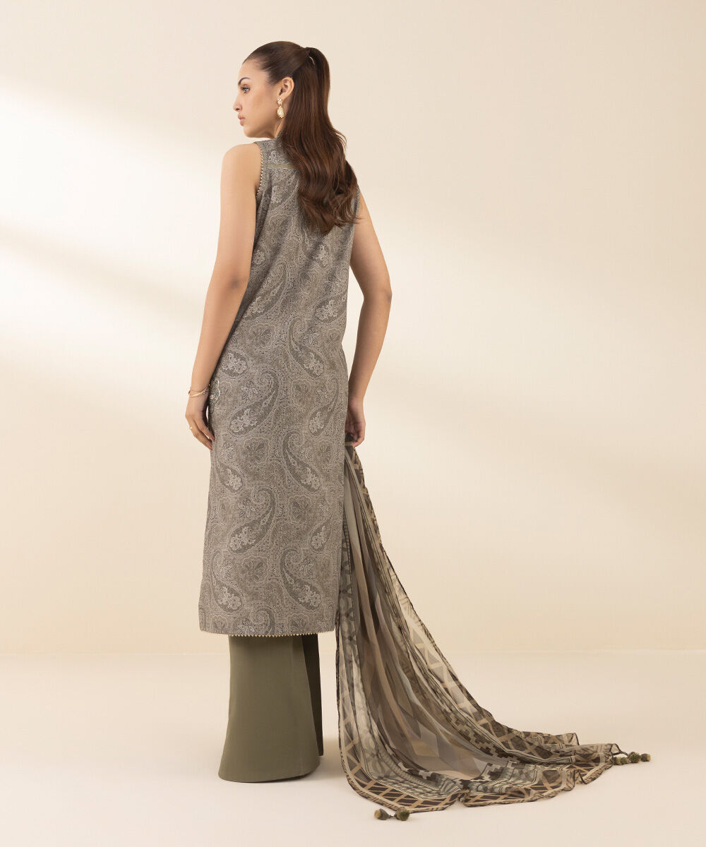 Unstitched Women's Embroidered Lawn Brown Three Piece Suit