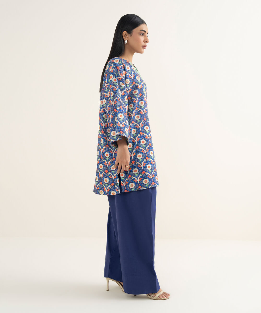 Women's RTW Light Khaddar Printed Blue Drop Shoulder Shirt