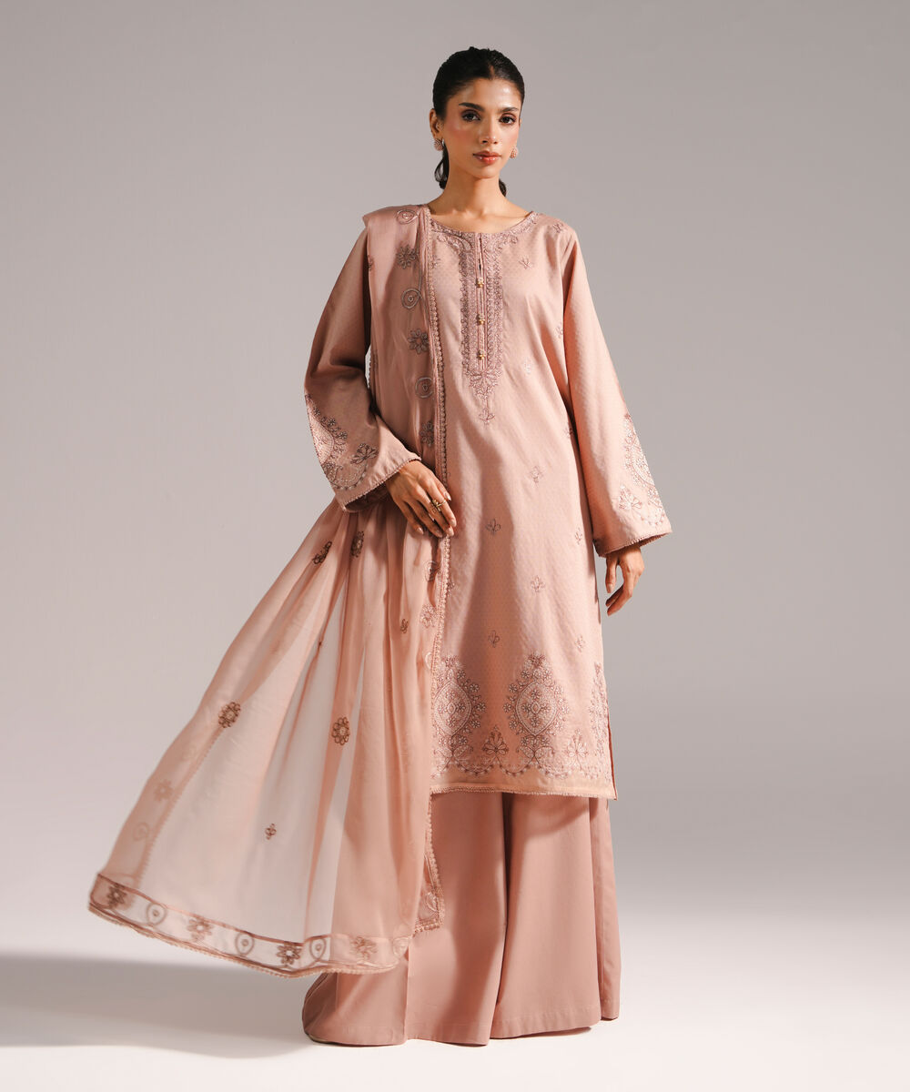 Women's RTW Dobby Embroidered Dark Beige 3 Piece Suit