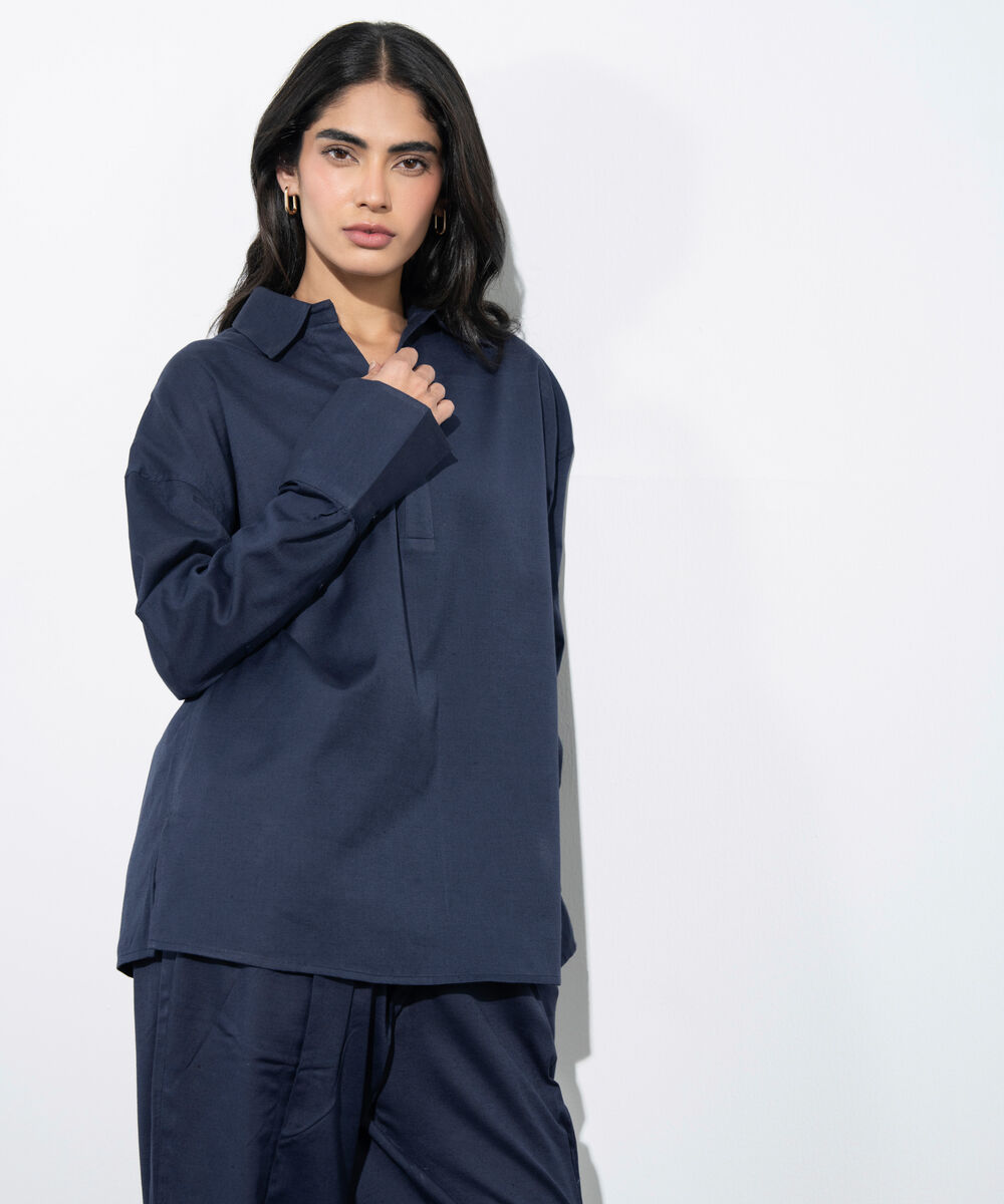 Women's Western Navy Loose-Fit Linen Blend Tunic