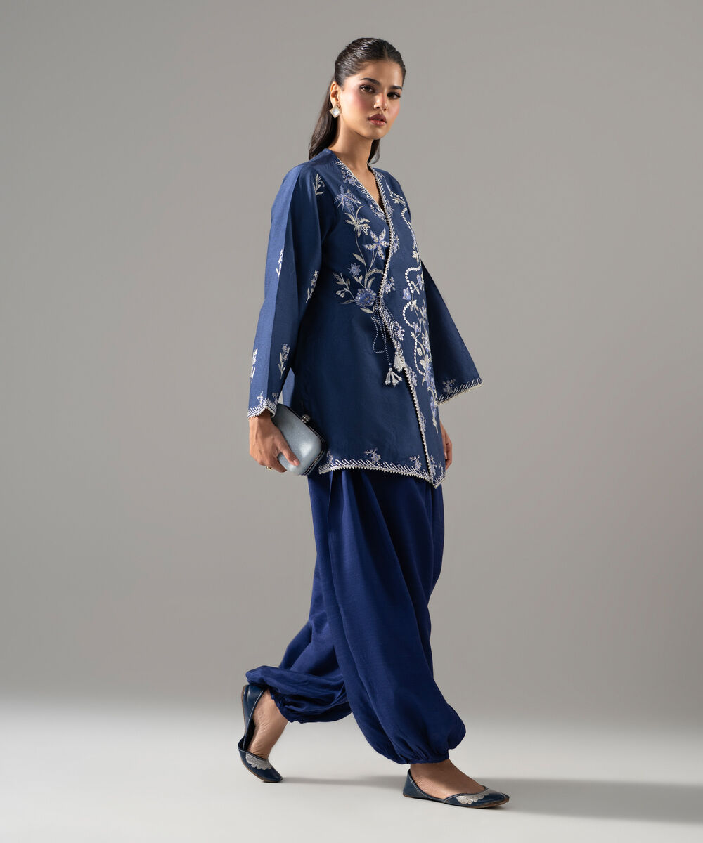 Women's RTW Cotton Net Solid Embroidered Blue 2 Piece Suit