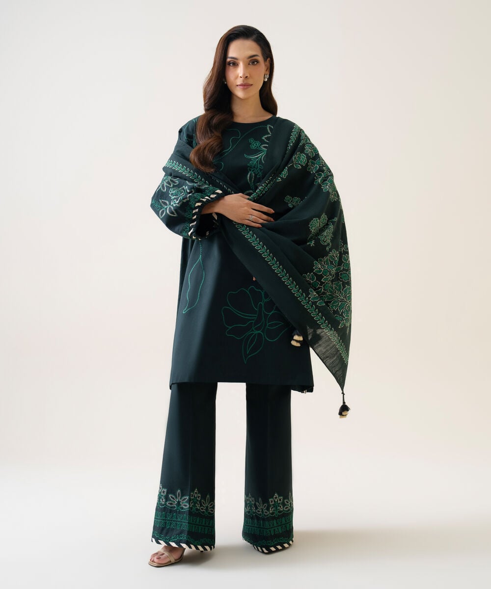 Women's Unstitched Textured Cotton Embroidered Teal 3 Piece Suit