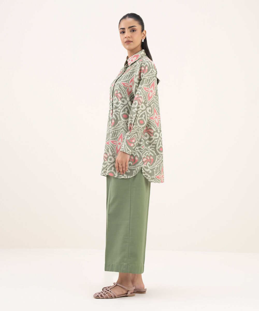 Women's RTW Light Khaddar Printed Button Down Grey Shirt