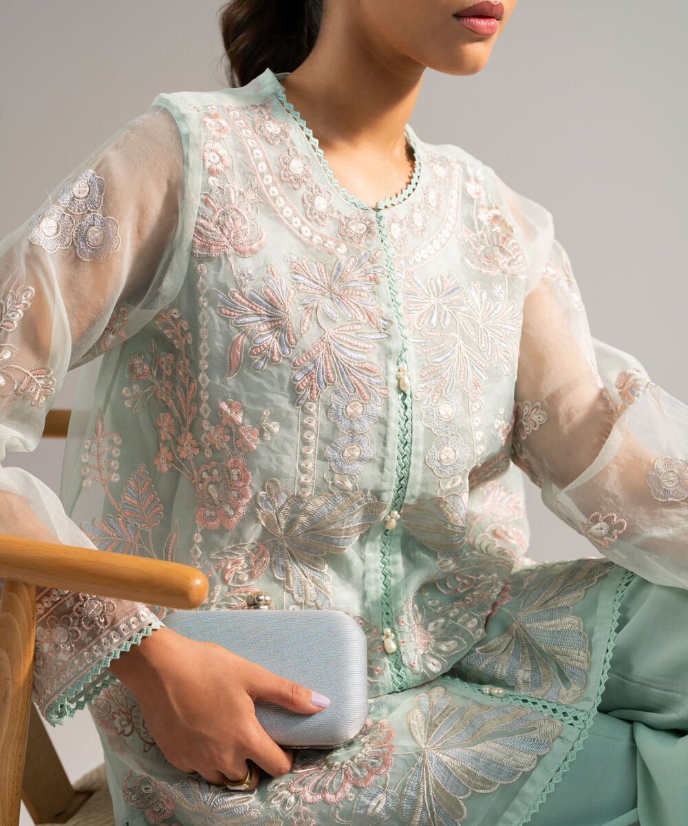 Women's RTW Organza Embroidered Green 2 Piece Suit