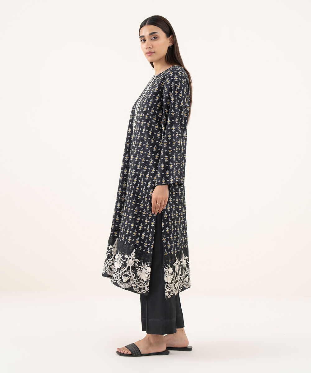 Women's RTW Lawn Black Embroidered A-Line Shirt