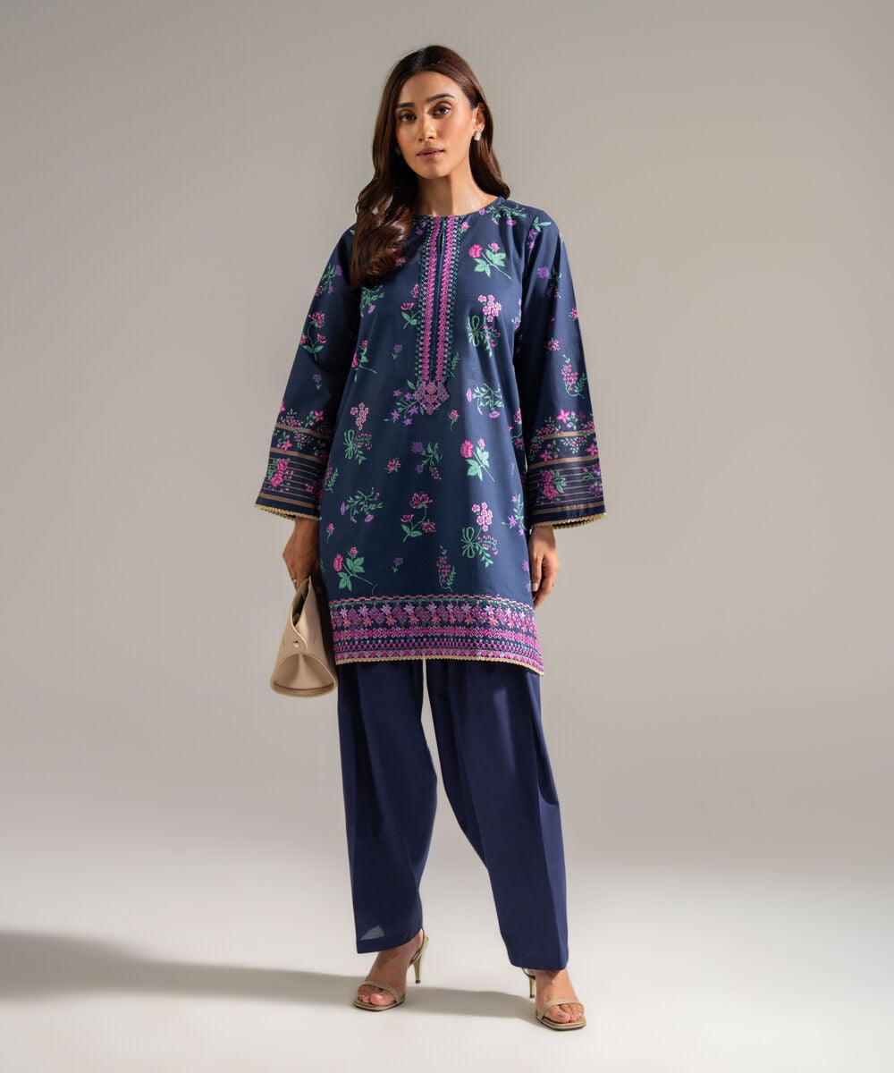 Women's RTW Cambric Embroidered Dark Blue 2 Piece Suit