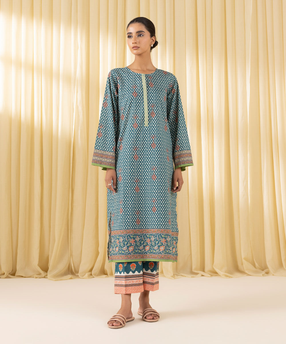 Women's Pret Yarn Dyed Blue Printed A-Line Shirt