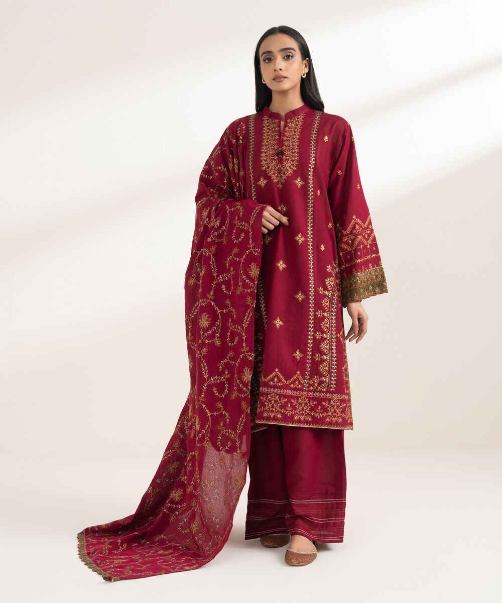 Women's RTW Cotton Karandi Embroidered Maroon 3 Piece Suit