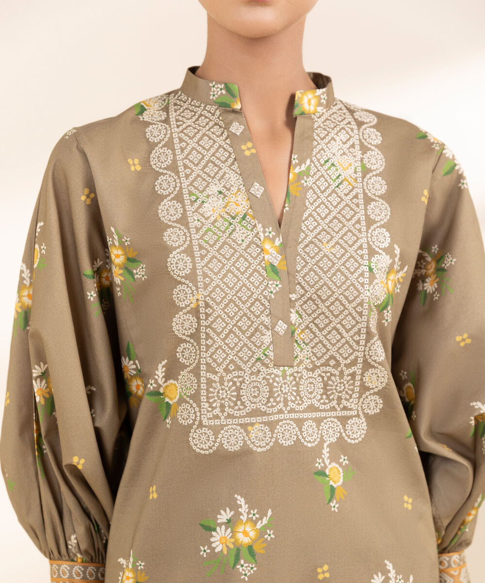 Women's Unstitched Lawn Embroidered Brown 2 Piece Suit
