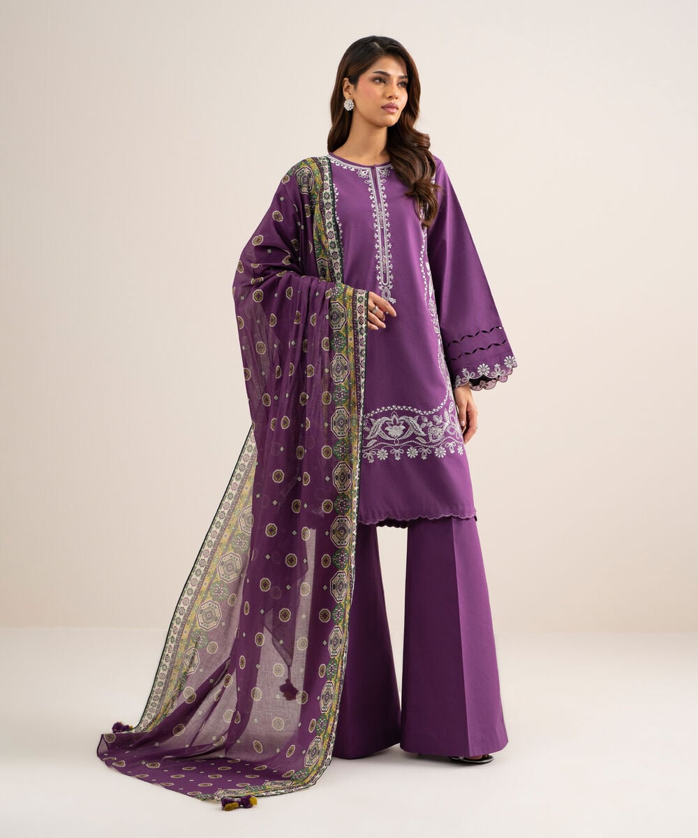 Women's Unstitched Lawn Embroidered Purple 3 Piece Suit