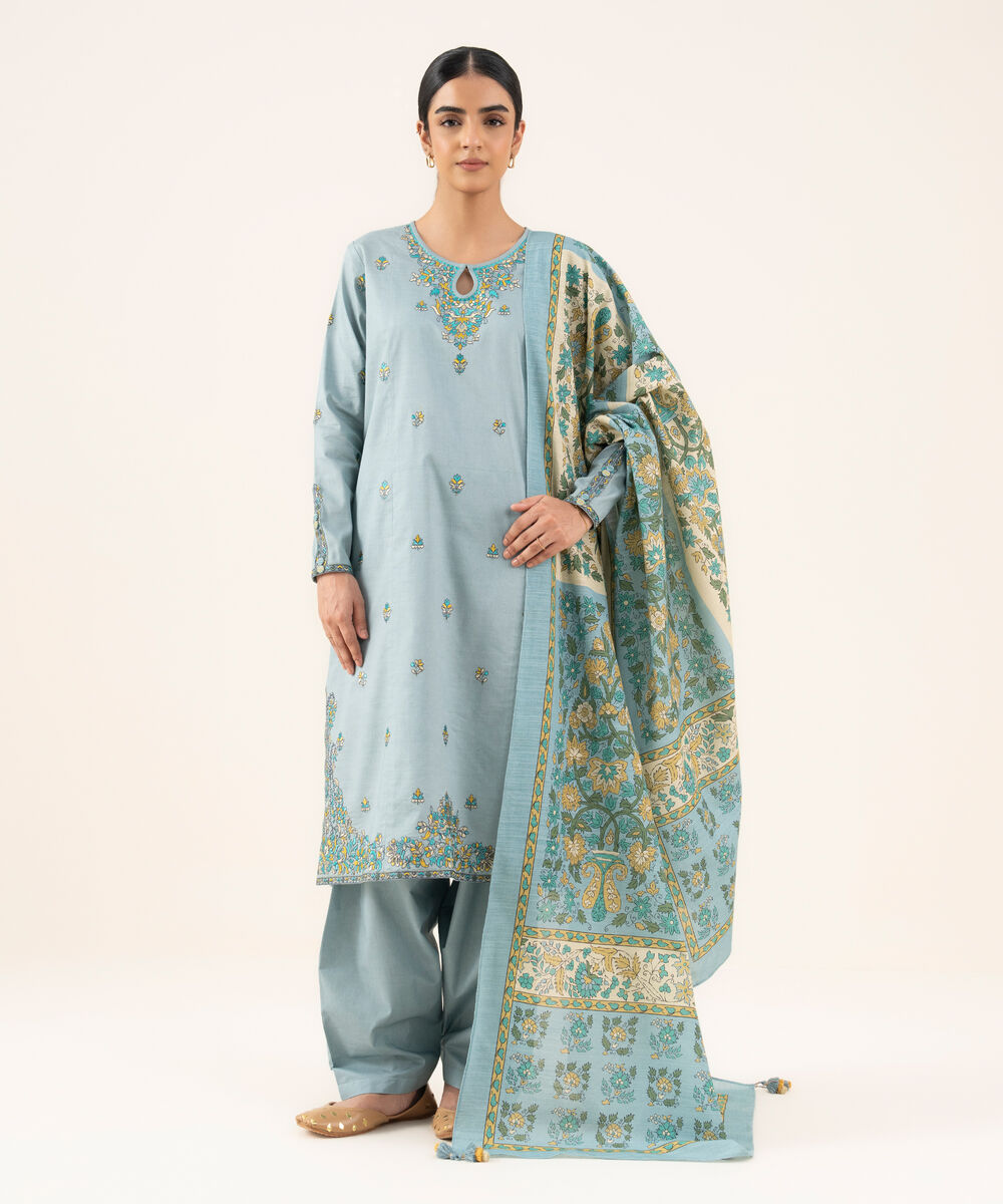 Women's Unstitched Textured Cotton Embroidered Blue 2 Piece Suit