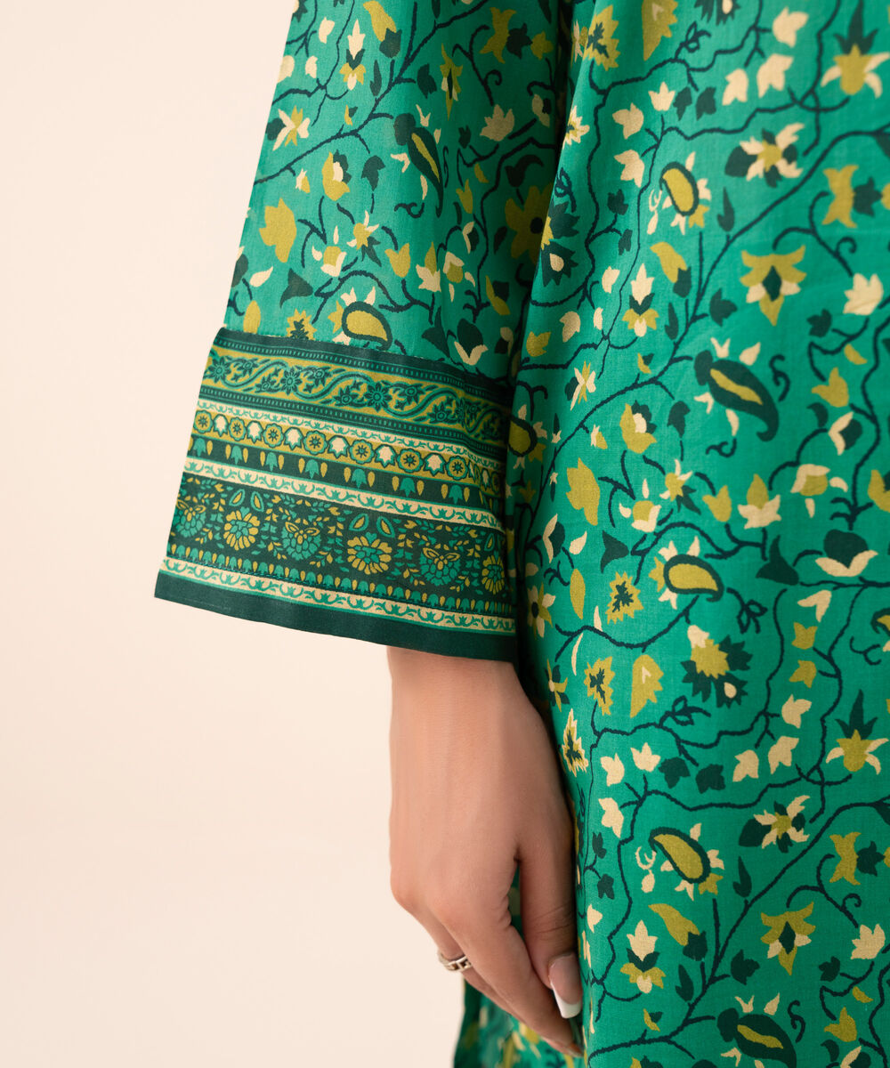 Women's Unstitched Cotton Printed Green Three Piece Suit