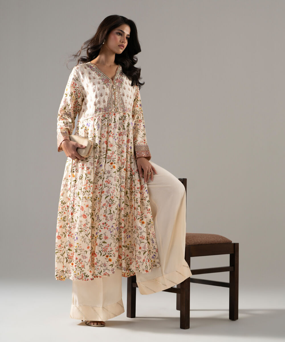 Women's RTW Bright Raw Silk Printed Beige 2 Piece Suit