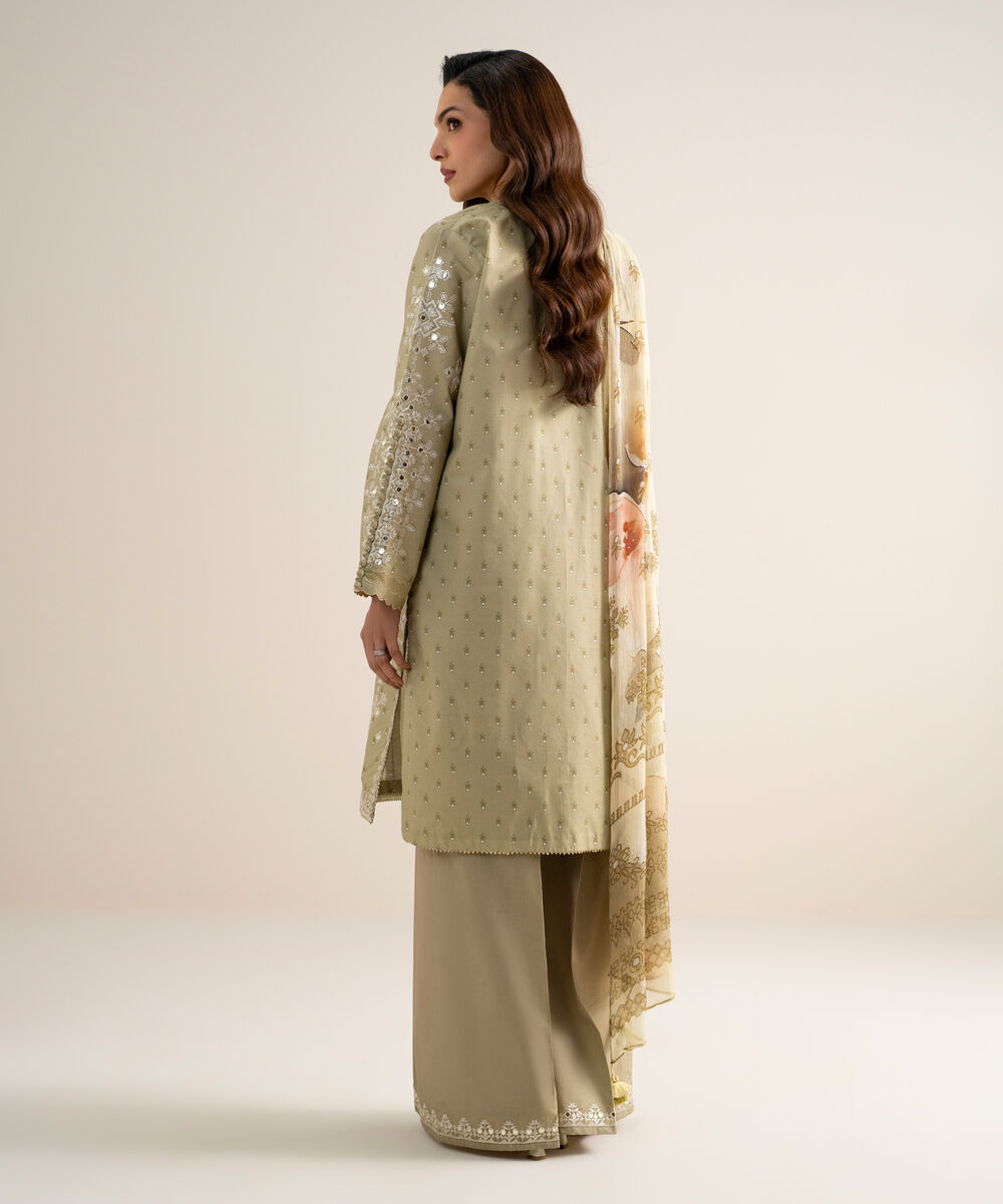 Women's Unstitched Zari Lawn Embroidered Beige 3 Piece Suit